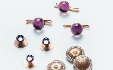 Pair of 14kt Gold and Diamond Cuff Links and 14kt Gold and Amethyst Cabochon Shirt Studs