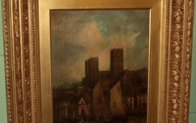 British School (19th century), Lincoln Cathedral from Brayford Pool, oil...