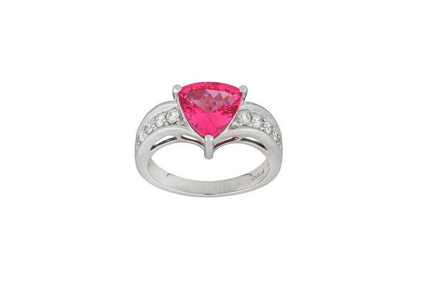 A pink spinel and diamond ring The triangular-cut pink...