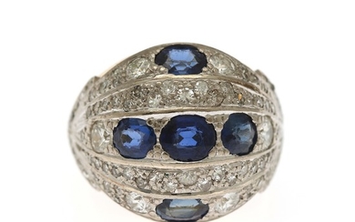 Christian Schmidt Rasmussen: A diamond ring set with numerous single, old and rose-cut diamonds and oval-cut synthetic sapphires mounted in 14k gold. Size 49.