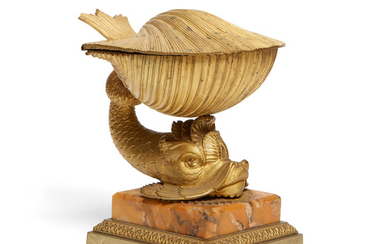 An Italian gilt bronze and Sienna marble dolphin and shell form inkwell