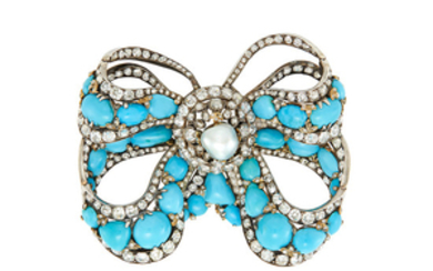 Silver, Gold, Turquoise, Semi-Baroque Cultured Pearl and Diamond Bow Brooch