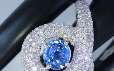 14 K / 585 White Gold Blue Sapphire & Pink Diamond Ring