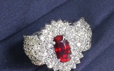14 K / 585 White Gold Ruby (Lotus Cert.) & Diamond Ring