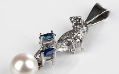 14 kt. Akoya pearl, White gold - Pendant - 0.20 ct Sapphire - Diamonds