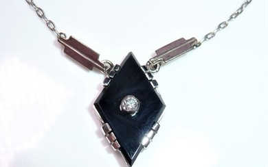 14 kt. White gold - Necklace with pendant - 0.03 ct Diamond - black onyx