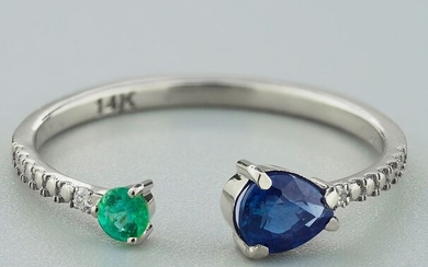 14 kt. White gold - Ring Sapphire - Diamonds, Emerald