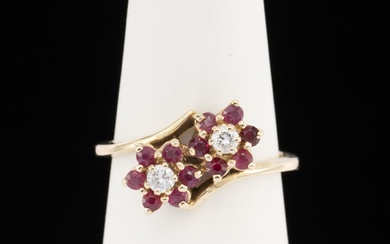 14K Gold, Diamond and Ruby Flower Duo Ring