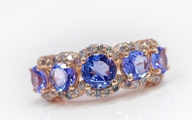 14K Rose Gold 2.70 ct Purplish Blue Tanzanite & 0.70 ct Light Pink N.Fancy Pink Diamond Ring - Ring - 14 kt. Rose gold - 2.70 tw. Tanzanite - Diamond