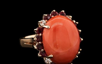 14KT Rose Gold 13.08 ctw Pink Coral, Ruby and Diamond Ring