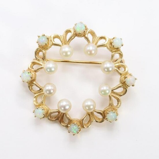 14KY Gold Opal and Pearl Brooch Pin