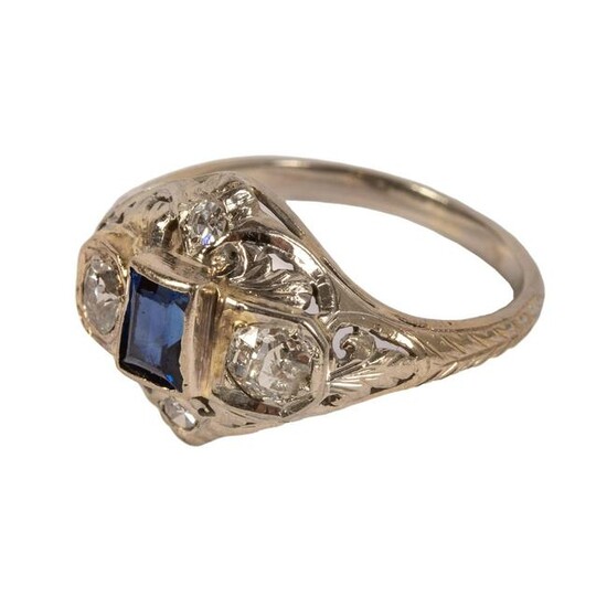 14k White Gold Art Deco Diamond Blue Sapphire Ring