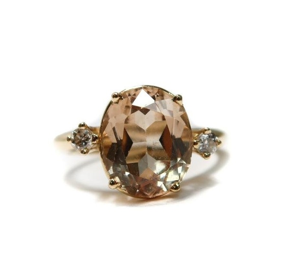 14k Yellow Gold Diamond and Imperial Topaz Ring, Size 4.75