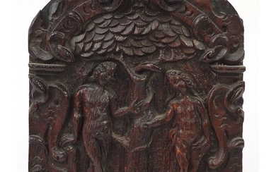 17th century oak panel carved with Adam and Eve, Arthur Bret...