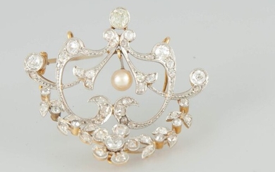 18 kt. Gold - Elizabethan Pendentif brooch Diamond - Natural pearl