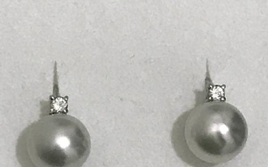 18 kt. Gold, White gold - Earrings - 0.12 ct Diamond - Pearl