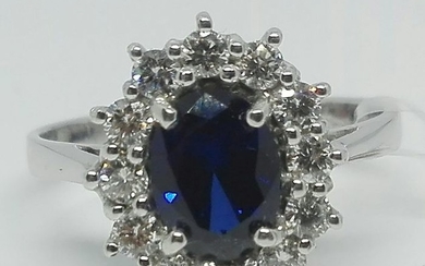 18 kt. White gold - Ring - 1.52 ct Sapphire - Diamonds