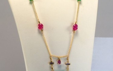 18 kt. Yellow gold - Necklace with pendant - Iolites, Jade, Rubys, Sapphire