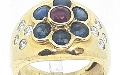 18 kt. Yellow gold - Ring - 0.40 ct Ruby - Diamonds, Sapphires