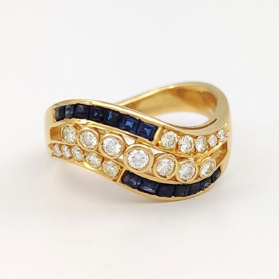 18 kt. Yellow gold - Ring - 0.57 ct Diamonds - Ct 0.42 Sapphires