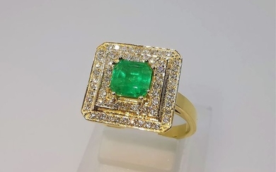 18 kt. Yellow gold - Ring - 1.18 ct Emerald - Diamonds