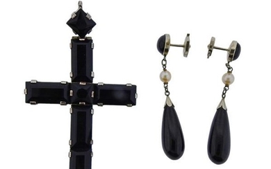 18K Gold Pearl Onyx Cross Pendant Earrings Set