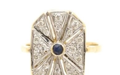 Art Deco 14K Two Tone Blue Sapphire and Diamond Ring