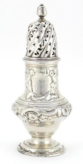 18th century silver baluster shaped caster, embossed