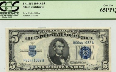 1934 A Silver Certificate Blue FR#1651 PCGS Gem 66 PPQ