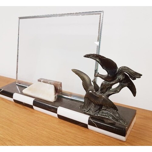 1940 French Art Deco Marble and Spelter Picture Frame with b...
