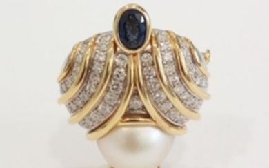 Blondi - Made in Italy, 18 kt yellow gold brooch with sapphires, diamonds and cultured South Sea pearl