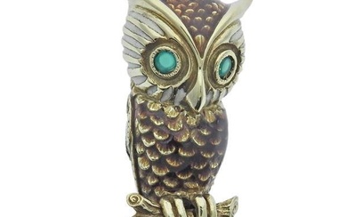 1960s 14k Gold Chrysoprase Enamel Owl Brooch Pin