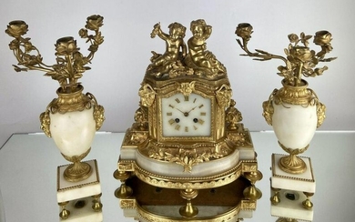 19TH C. FRENCH DORE BRONZE AND MARBLE CLOCK SET