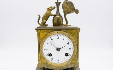 19c French Brass Clock w Aesop's Fox and Stork Finial