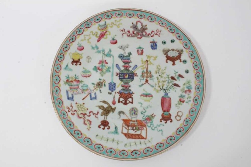 19th century Chinese famille rose porcelain dish, decorated with precious objects, ruyi pattern border, 34cm diameter