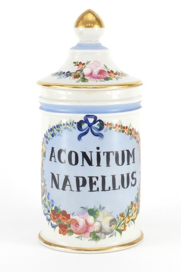 19th century French Apothecary jar and cover, hand painted w...