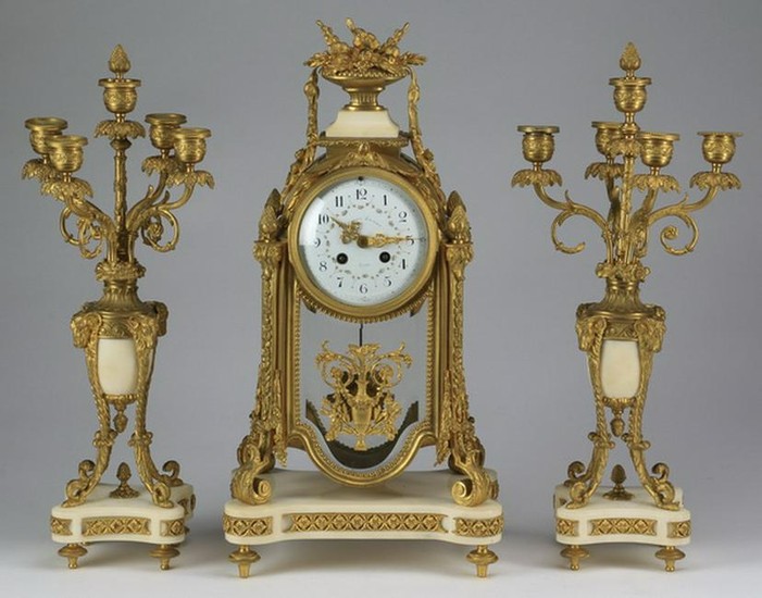 19th century French marble and bronze clock garniture