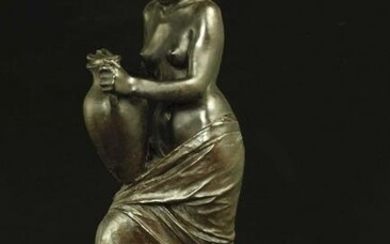 19th century patinated bronze statue of a pretty girl carrying a water jug, signed