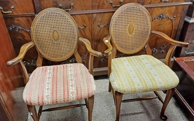 2 20TH CENTURY MAHOGANY OPEN ARMCHAIRS WITH BERGERE PANEL BA...