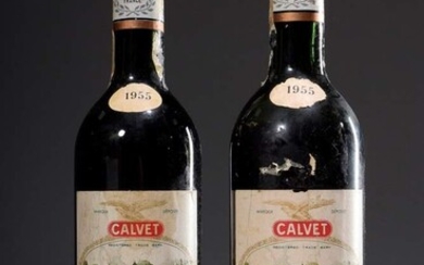 2 bottles 1955 Chateau Canon, Cotes Canon-Fronsac, Merchant bottling J. Calvet & Co, 0,75 l., labels damaged, fill level Mid Shoulder, contains sulphites, dan. import label