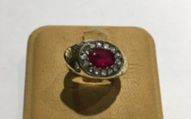 18 kt. Yellow gold - Ring - 0.16 ct Diamond - synthetic ruby