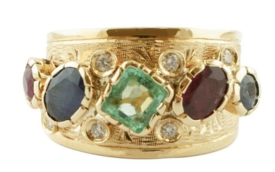 14 kt. Yellow gold - Ring - Diamonds, Emeralds, Rubys, Sapphires