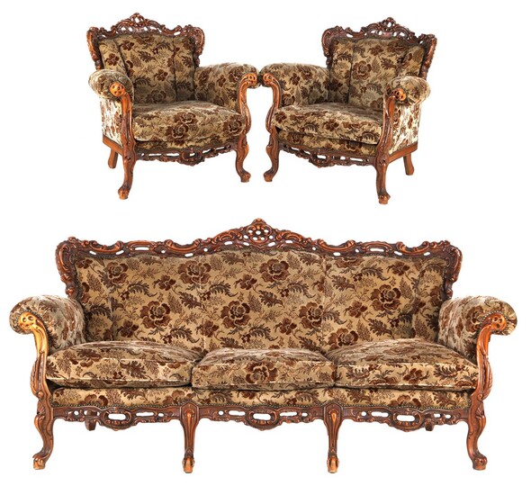 (-), 3-piece walnut sofa with carved decor and...