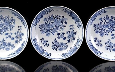 3 porcelain dishes with blue and white floral decor of