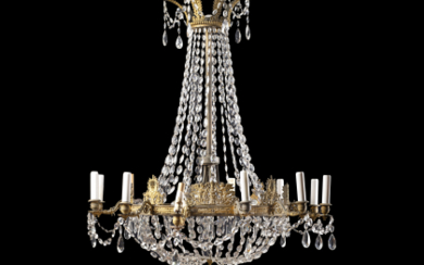 A 19th-century gilt-bronze chandelier with glass and crystal pendant drops (cm 120x80) (defects)