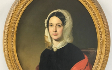 American School, 19th Century Portrait of Mrs. John Hone in Black Dress with Red Shawl.