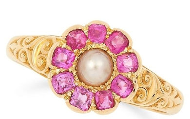 ANTIQUE PEARL AND RUBY CLUSTER RING set with a pearl in