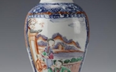 A Blue and White Figural Famille Rose Vase of Qing