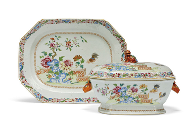 A CHINESE FAMILLE ROSE OBLONG OCTAGONAL 'COCKEREL' TUREEN AND COVER, AND A DISH, EARLY QIANLONG PERIOD, CIRCA 1750-1760