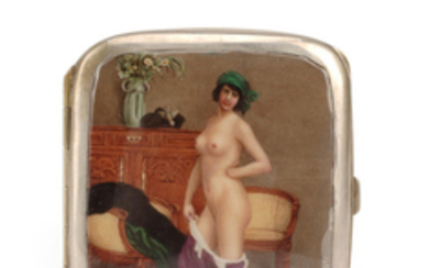 A Continental partial gilt silver and enamel erotic Cigarette Case
